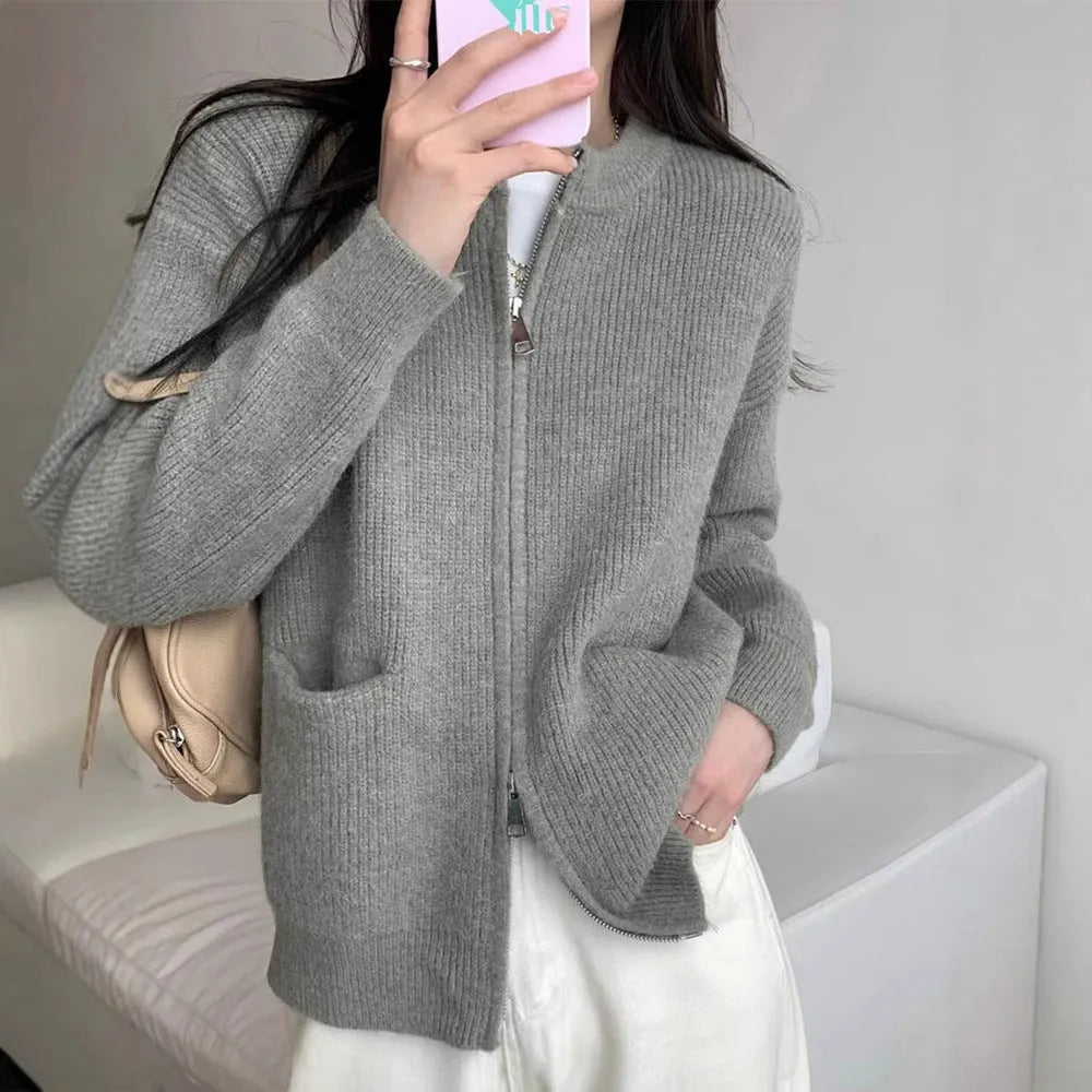 Beige viscose knit cardigan for women with long sleeves, shown open as a layer.