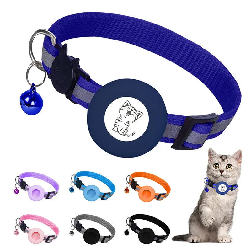 Apple Airtag protective cover collar for cats in stripes pattern with bell and reflective material