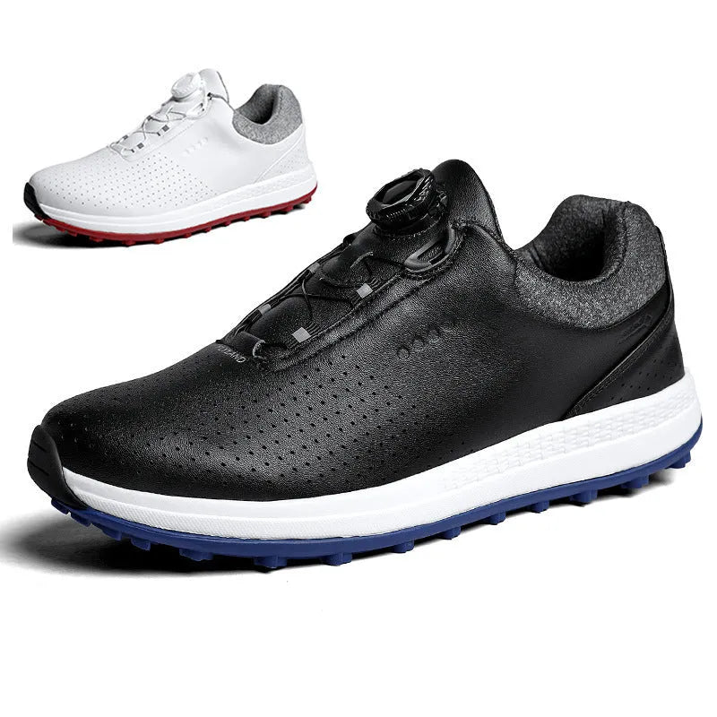 Men's low-top white golf sneakers with breathable hollow-out sole on grass.