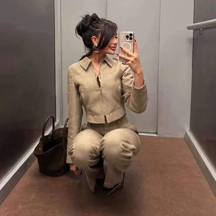 Women's herringbone pattern summer suit set with 3D embroidery on jacket and trousers
