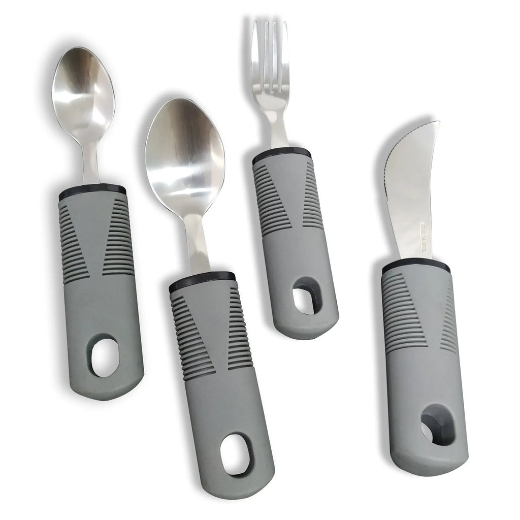 Stainless steel adaptive tableware with rubber handles including spoons and bendable utensils