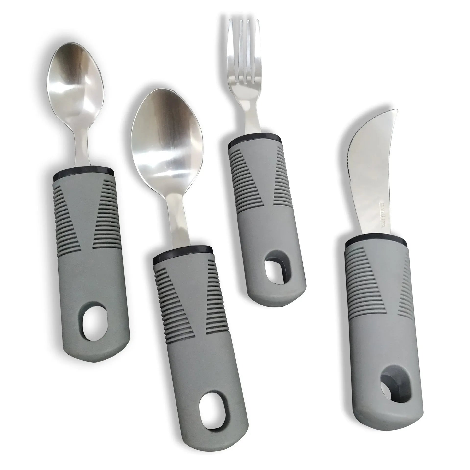 Stainless steel adaptive tableware with rubber handles including spoons and bendable utensils
