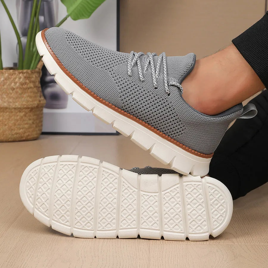 Men's grey and black mesh fabric casual sneakers with round toe and low heel