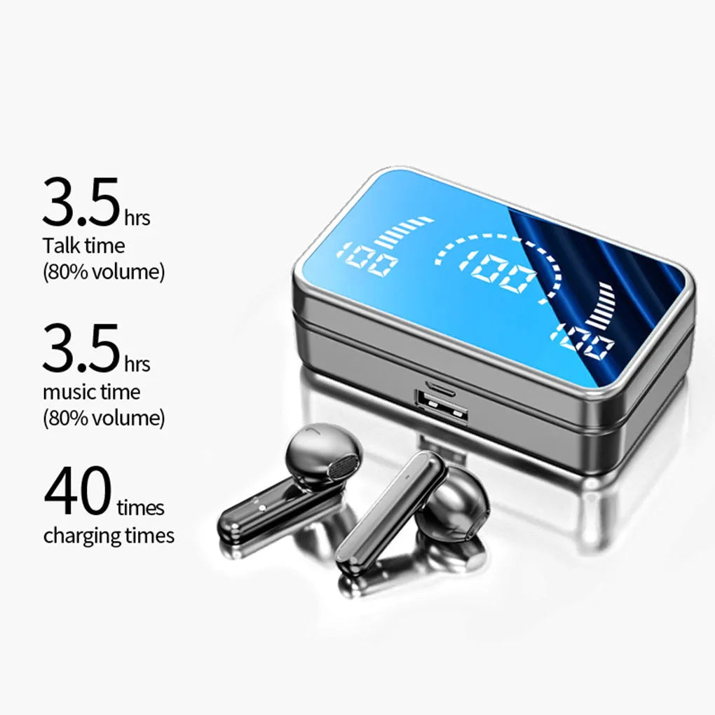 Wireless Bluetooth earbuds in black with LED indicator and in-ear silicone tips
