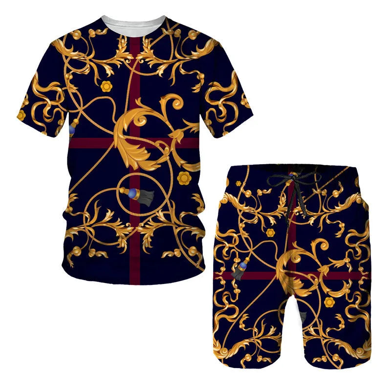 Men's chain pattern printed short sleeve t-shirt and matching shorts set in a chemical fibre blend.