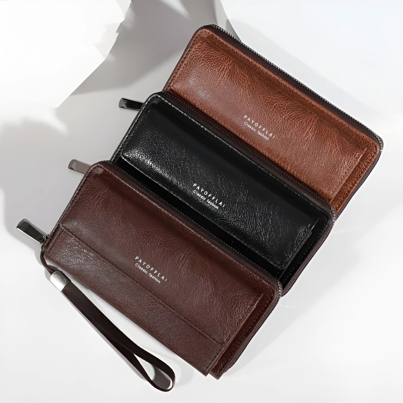 Men's black PU leather wallet with multiple card slots, shown next to a brown and coffee version, displaying slim 19cm profile.