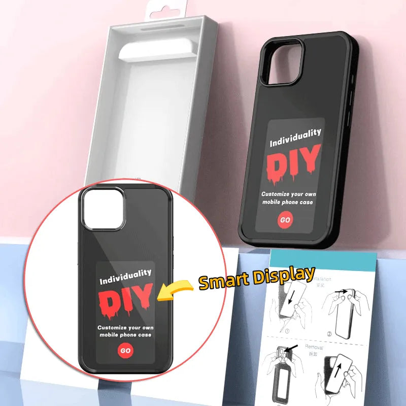Black e-ink screen phone case with battery-free projection for Apple iPhone, TPU material, mirror finish