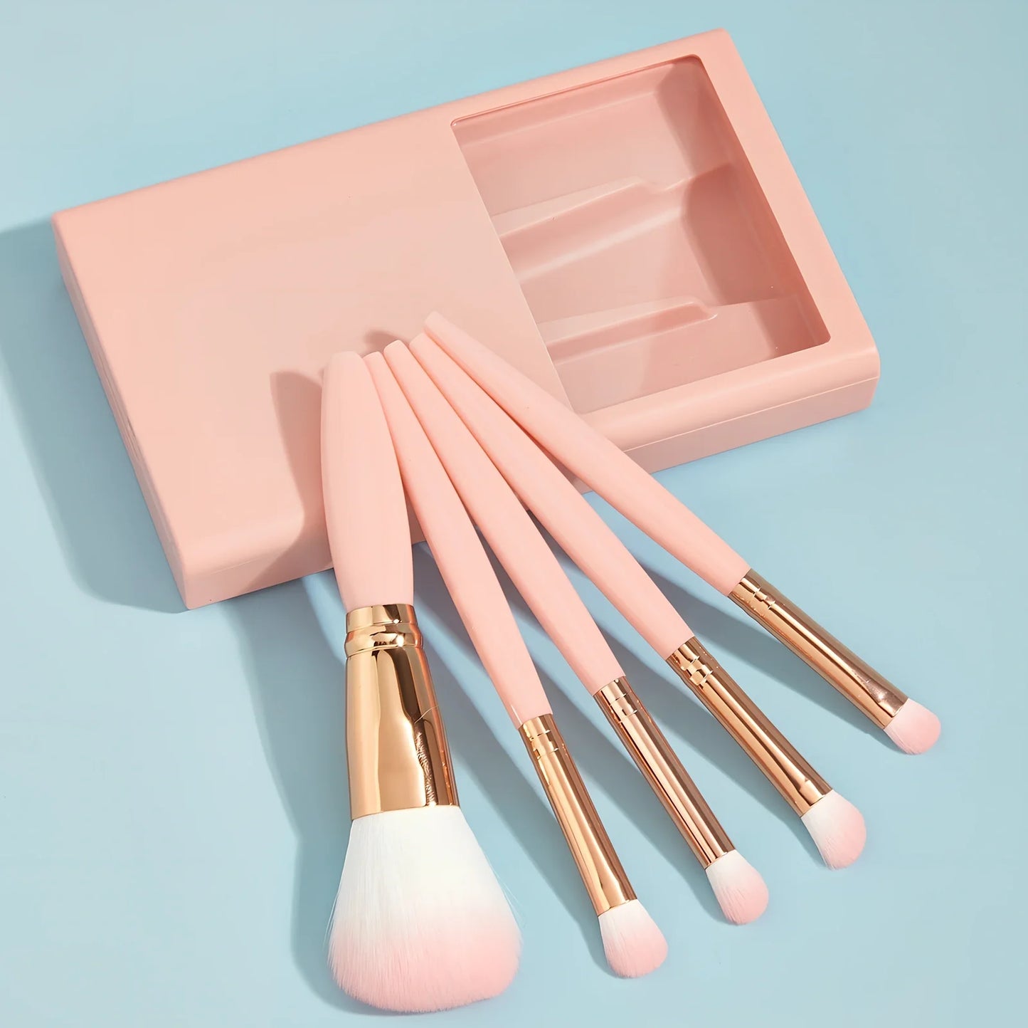 Sky blue 5-piece makeup brush set with plastic handles and travel mirror box, compact for bags