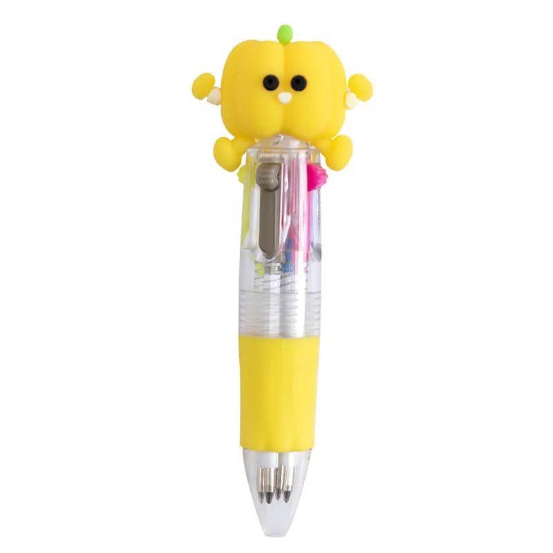 Cartoon-themed four-colour press ballpoint pen with plastic and silicone body and 0.7mm bullet tip