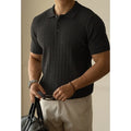 Men's khaki short sleeve business top laid flat, showing collar and sleeve detail.
