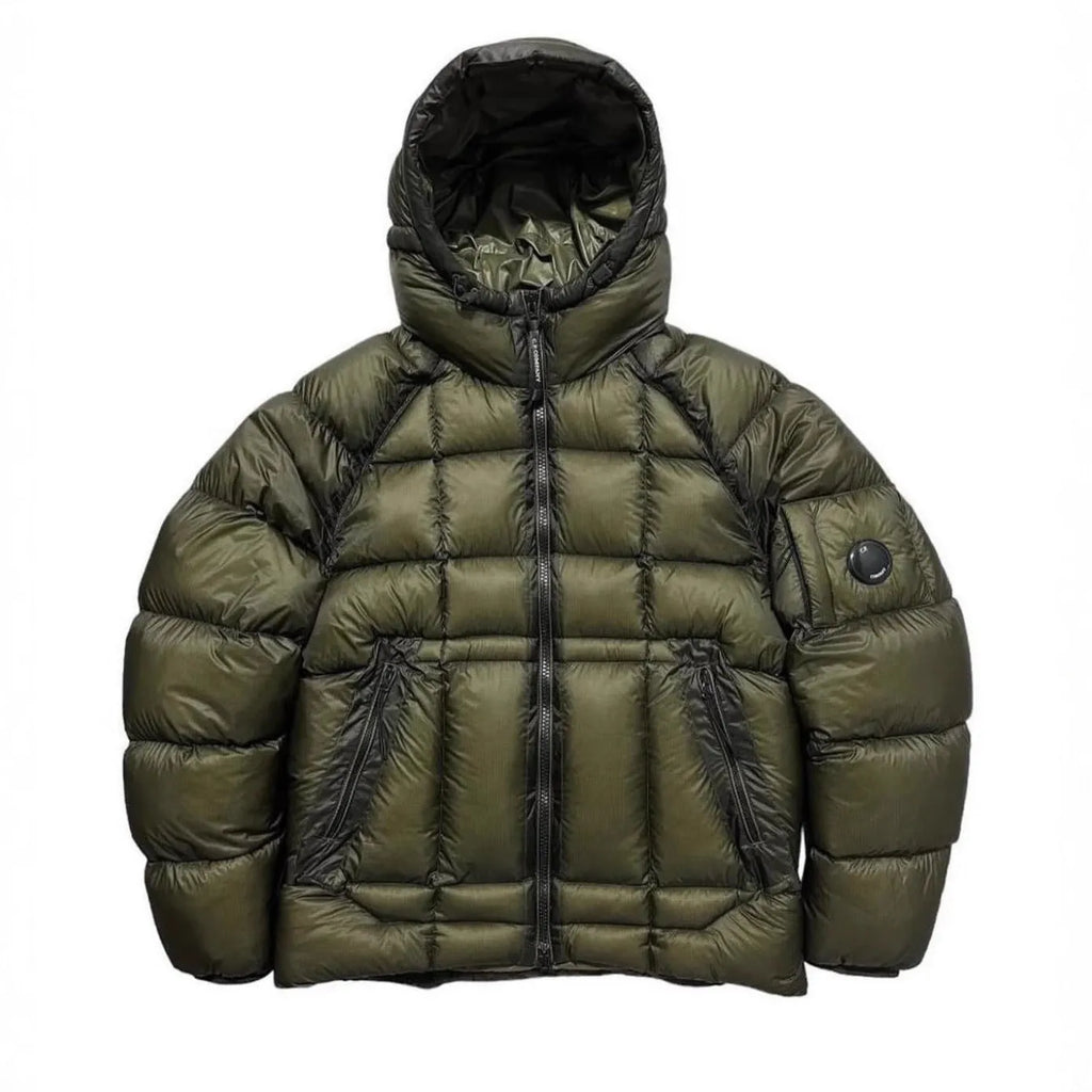 Men's winter hooded cotton coat in black with zippered pockets, plain front, and straight hem