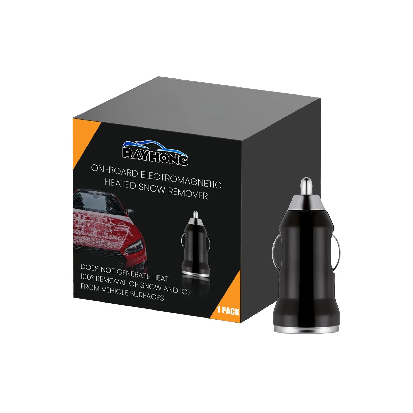 Black portable car snow melting tool and deicer charger showing compact size.