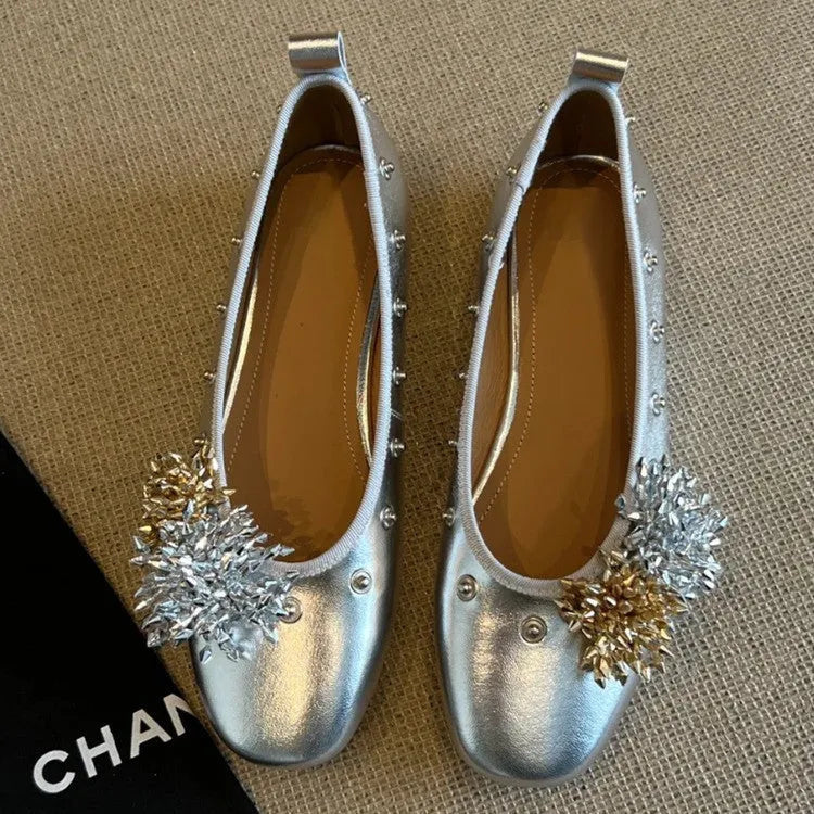 Sheepskin DIY Mary Jane shoes with buckle, flat rubber sole, in silver, black, or green for adding flower rivets.