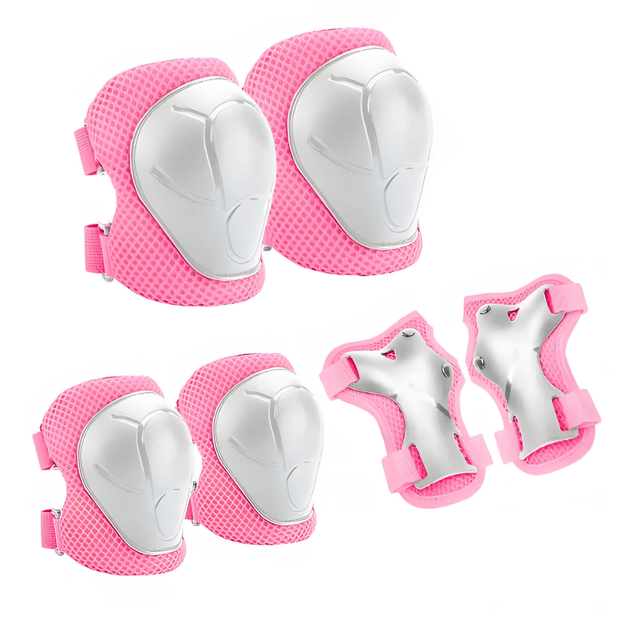 Children's pink 6-piece roller skating protective gear set with knee pads, elbow pads, and palm guards
