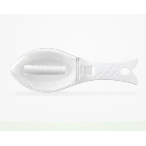 Fish scale scraper in white, green, and blue with hanging hole for easy storage