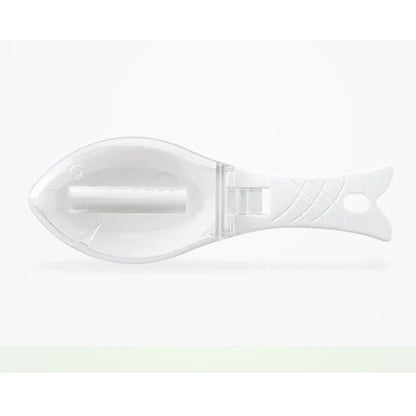 Fish scale scraper in white, green, and blue with hanging hole for easy storage