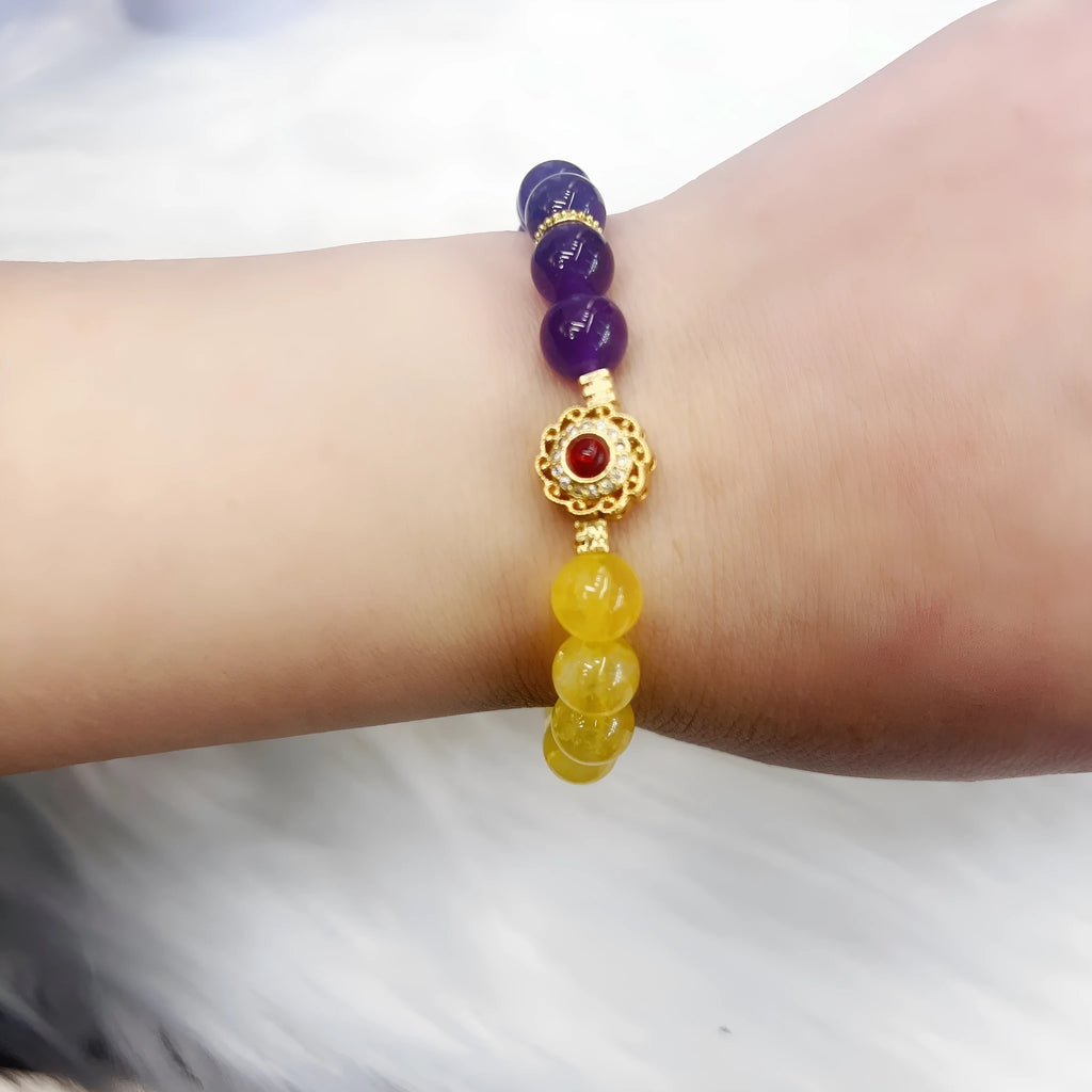 Handmade women's crystal bracelet with amethyst stones in yellow and purple colours