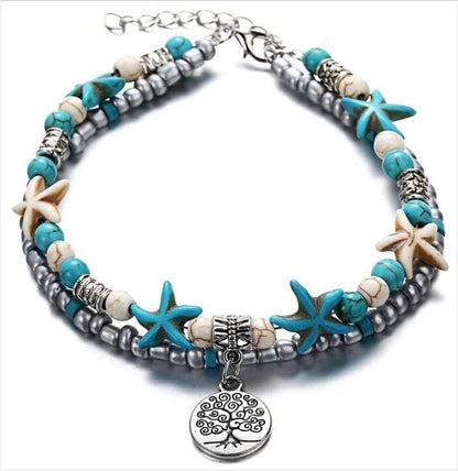 Green and blue star fish anklet for women, beach foot jewelry