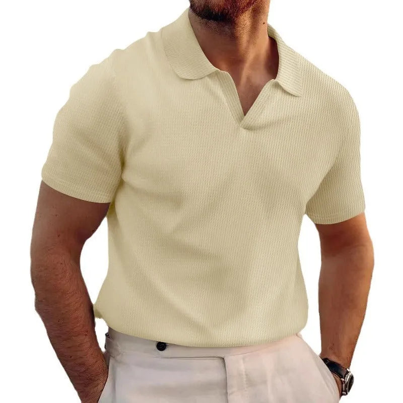 Men's slim fit lapels t-shirt in heavy waffle texture, shown in a solid colour