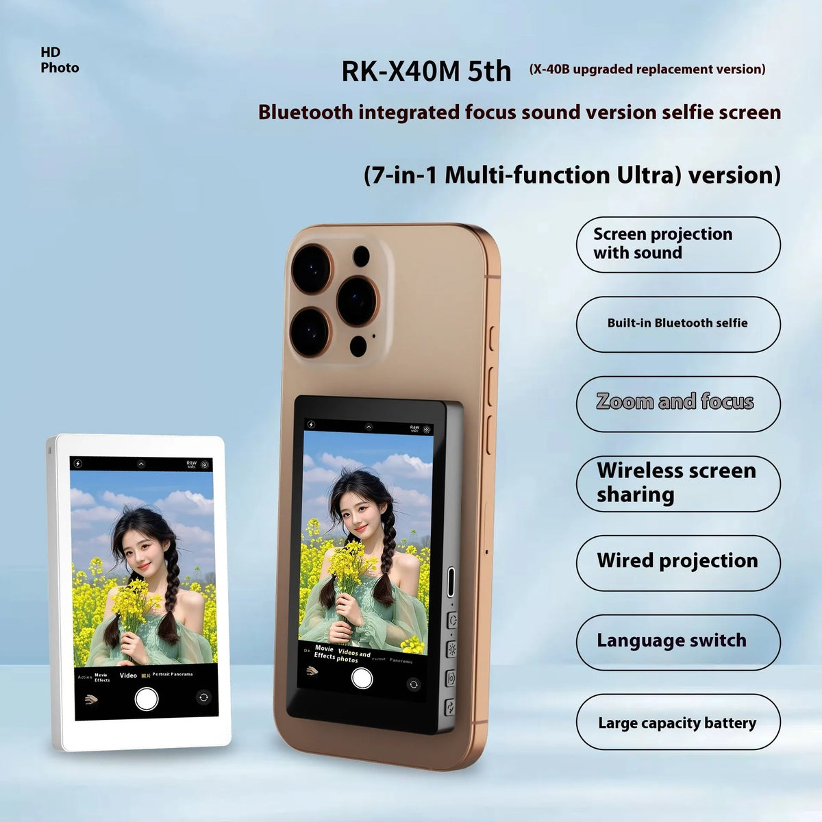 Mobile phone rear magnetic selfie display audio zoom with wireless Bluetooth screen projection