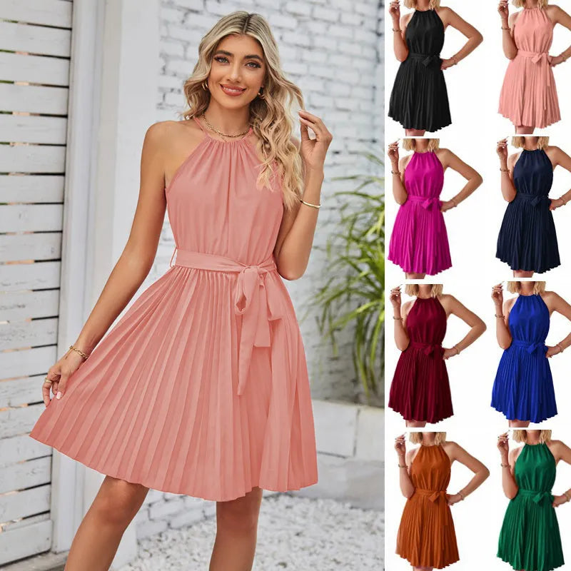 Women's halter neck strapless sundress with pleated skirt in various colours