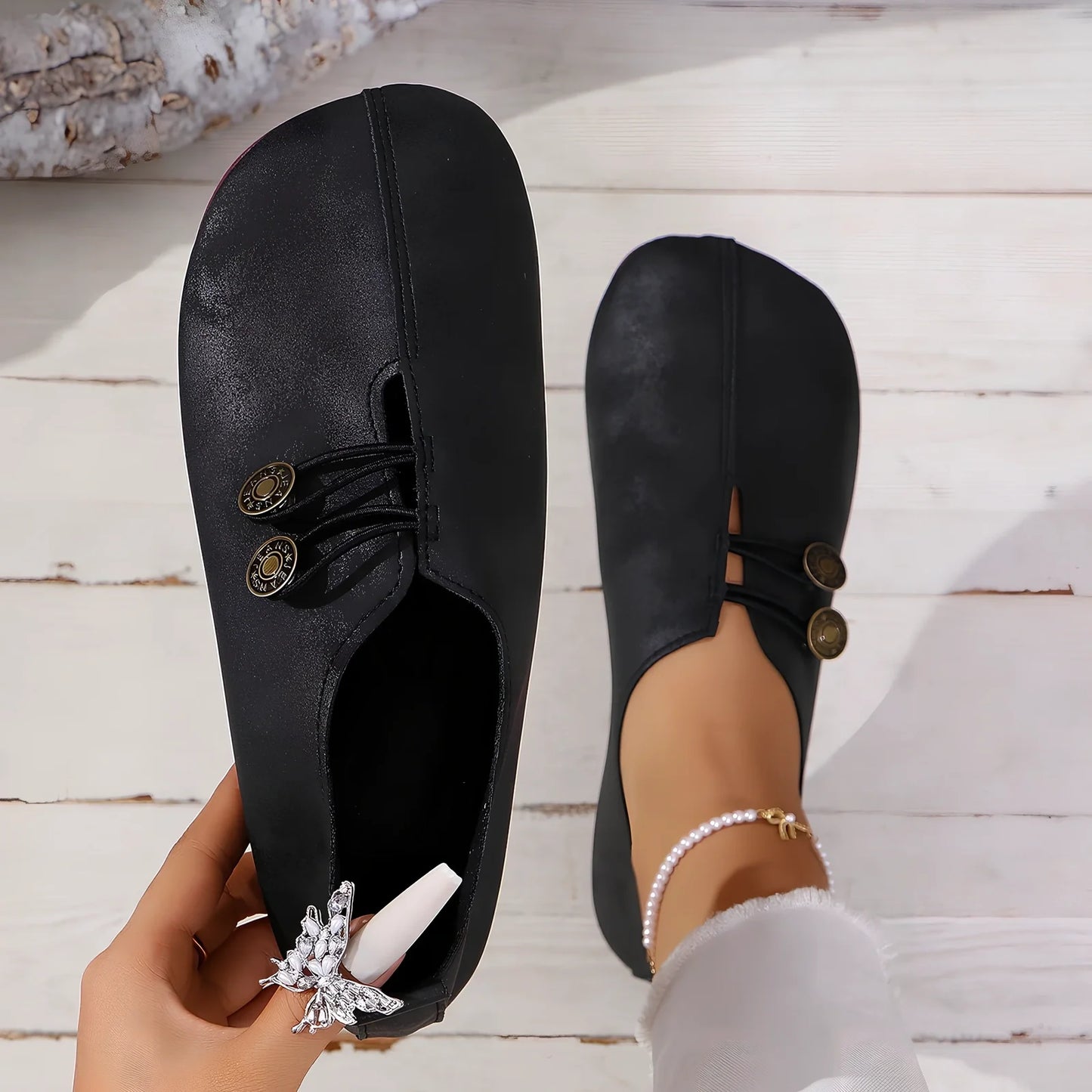 Women's black square toe slip-on sandals with flat heel, PU upper, rubber sole, size 38 shown