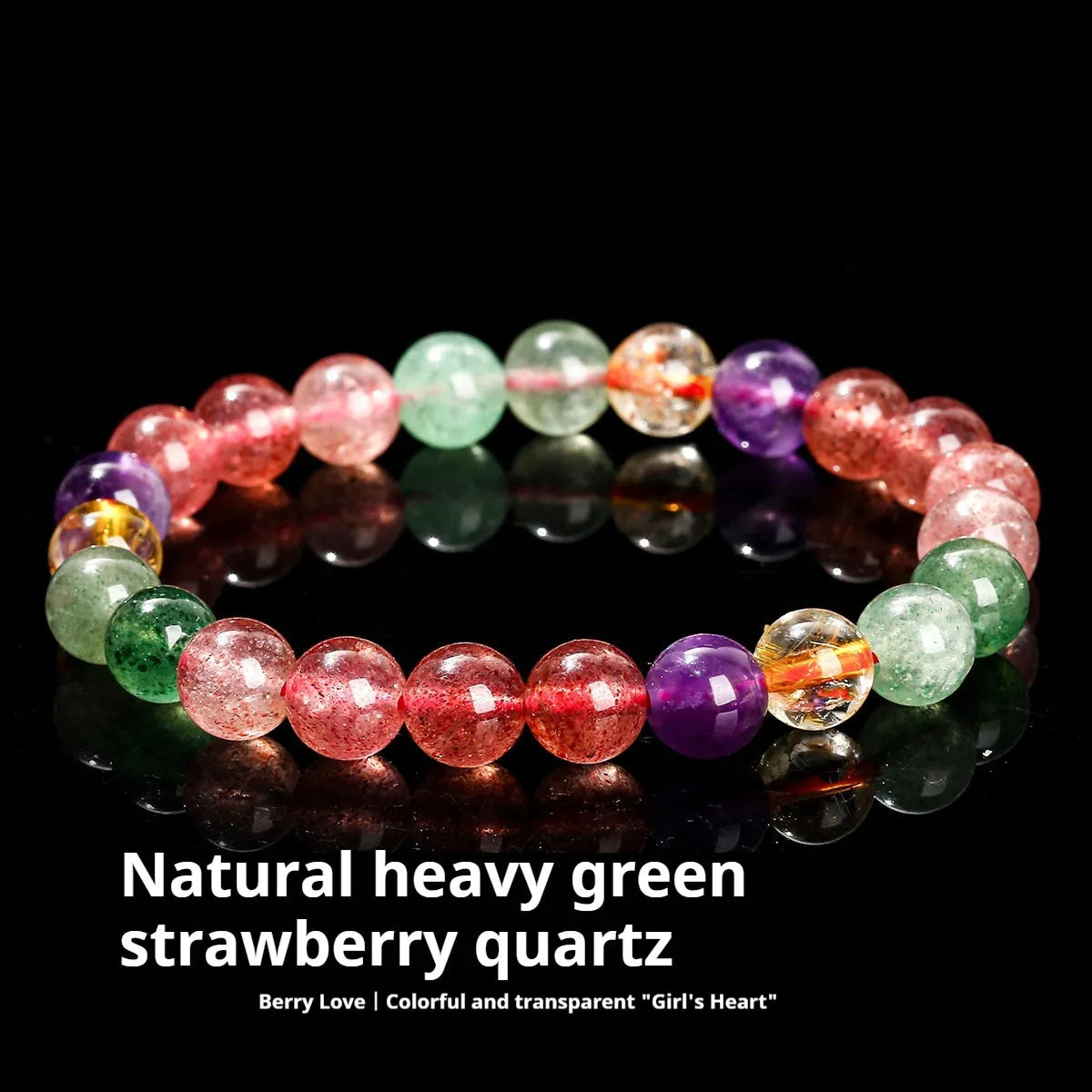 Natural tourmaline colour strawberry quartz bracelet with round beads in geometry style