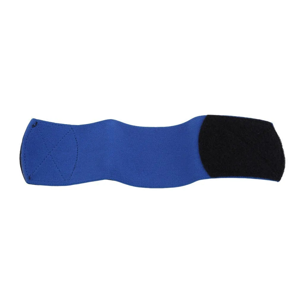 Red rubber elastic strap for securing football shin guards, shown flat to display its 250mm length.