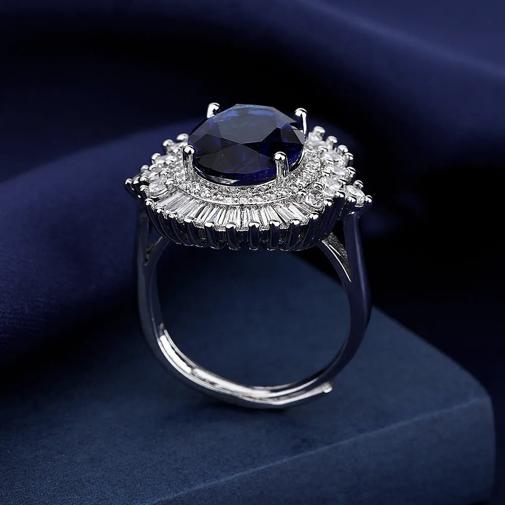 Sea blue heart square full diamond accent crown shape adjustable ring in white gold colour on copper base