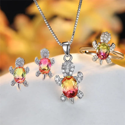 Cartoon Turtle Pendant Rhinestone Necklace with Rainbow Stone for Women and Children