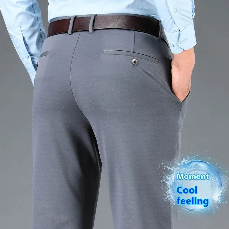Men's black straight-leg suit trousers with an elastic waistband on a hanger.