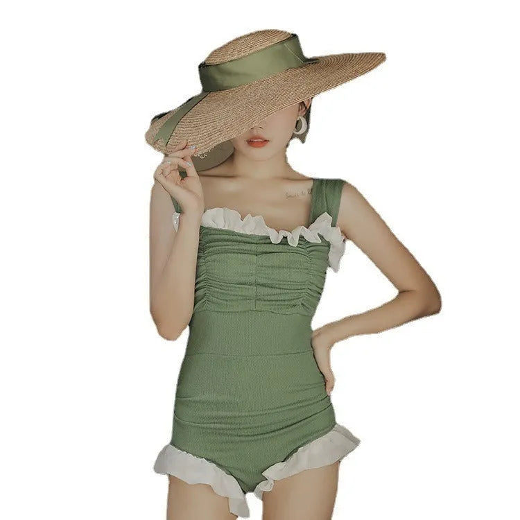 Korean style high waist one-piece swimsuit in quick-drying polyester fabric, available in black, green, or pink