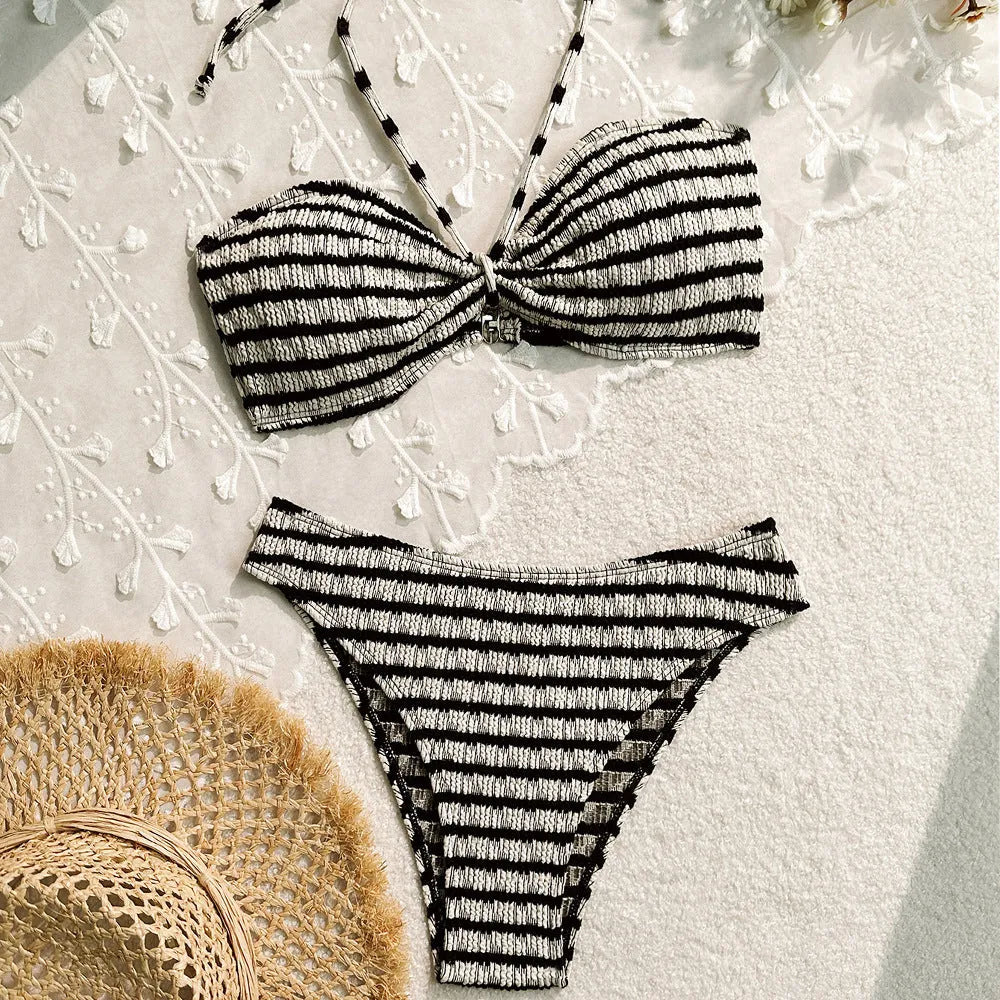 Women's striped bikini swimsuit with brief bottoms in pink or black colours