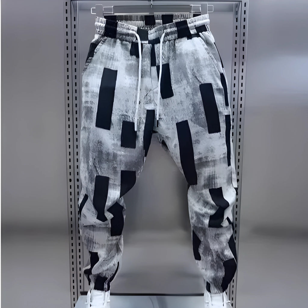 Men loose casual trousers, black and white, cotton blend Ice Silk, high waist drawstring, straight leg ankle strap, sizes M to 3XL