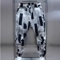 Men loose casual trousers, black and white, cotton blend Ice Silk, high waist drawstring, straight leg ankle strap, sizes M to 3XL