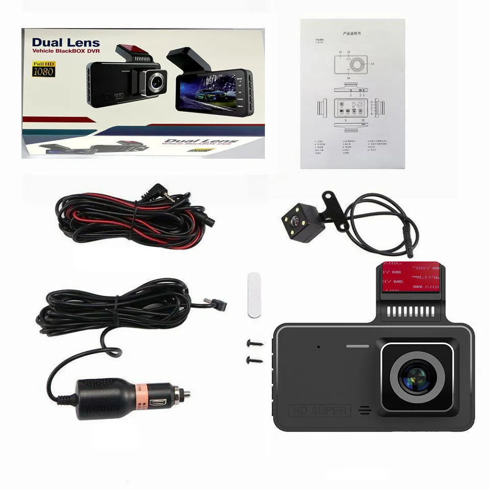 4-inch touch screen dashboard camera with dual lens on adhesive mount