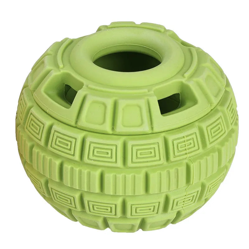 Natural rubber dog dropping ball toy in green or orange, 14cm long