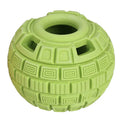 Natural rubber dog dropping ball toy in green or orange, 14cm long