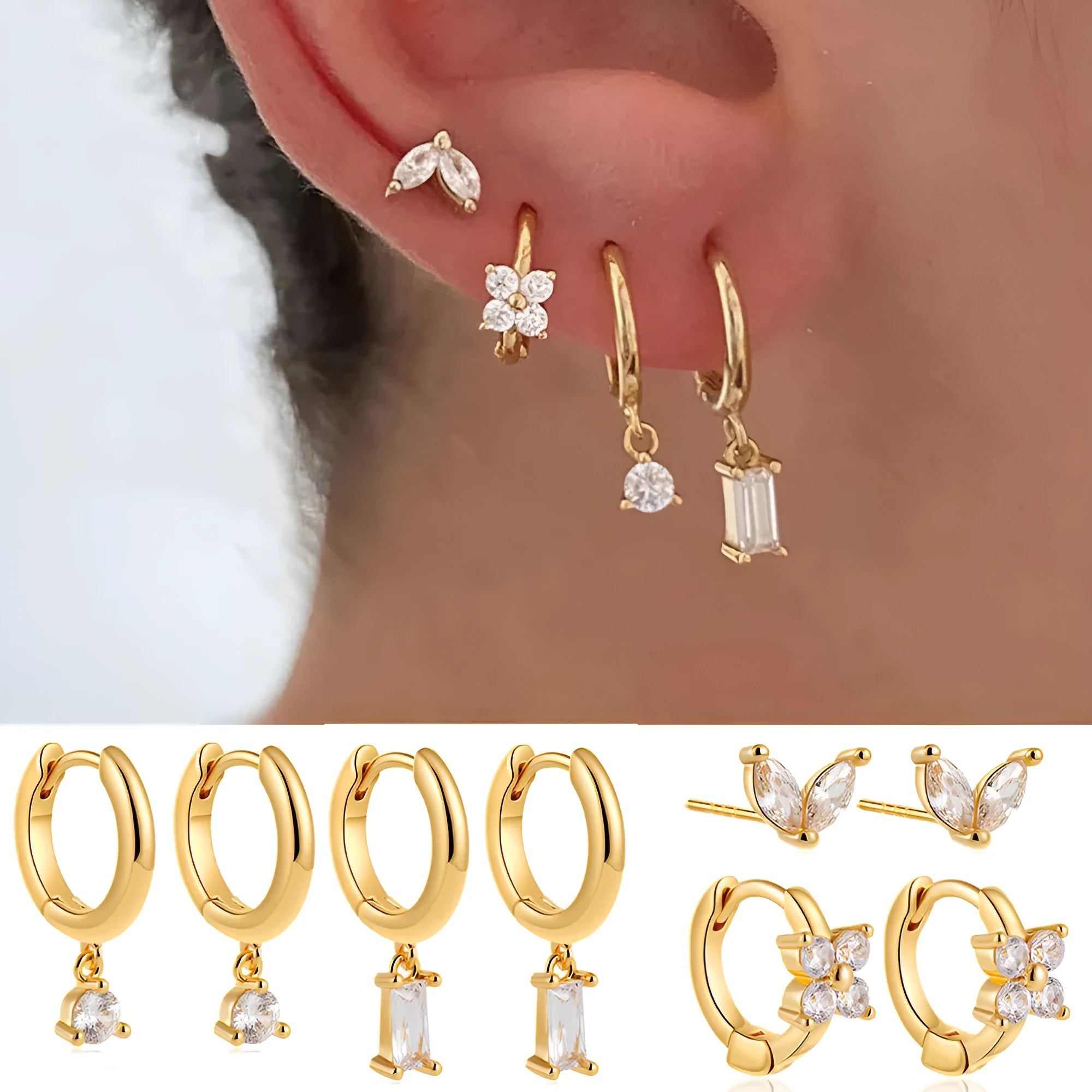 Four-piece set of geometric copper earrings with gold or silver plating, showing star and square shapes.