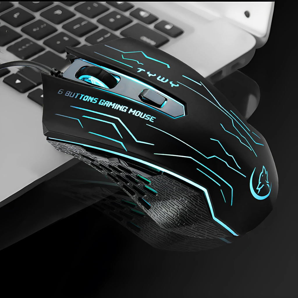 Black wired gaming mouse with colourful breathing light, 6 buttons, USB cable, and adjustable DPI