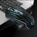 Black wired gaming mouse with colourful breathing light, 6 buttons, USB cable, and adjustable DPI