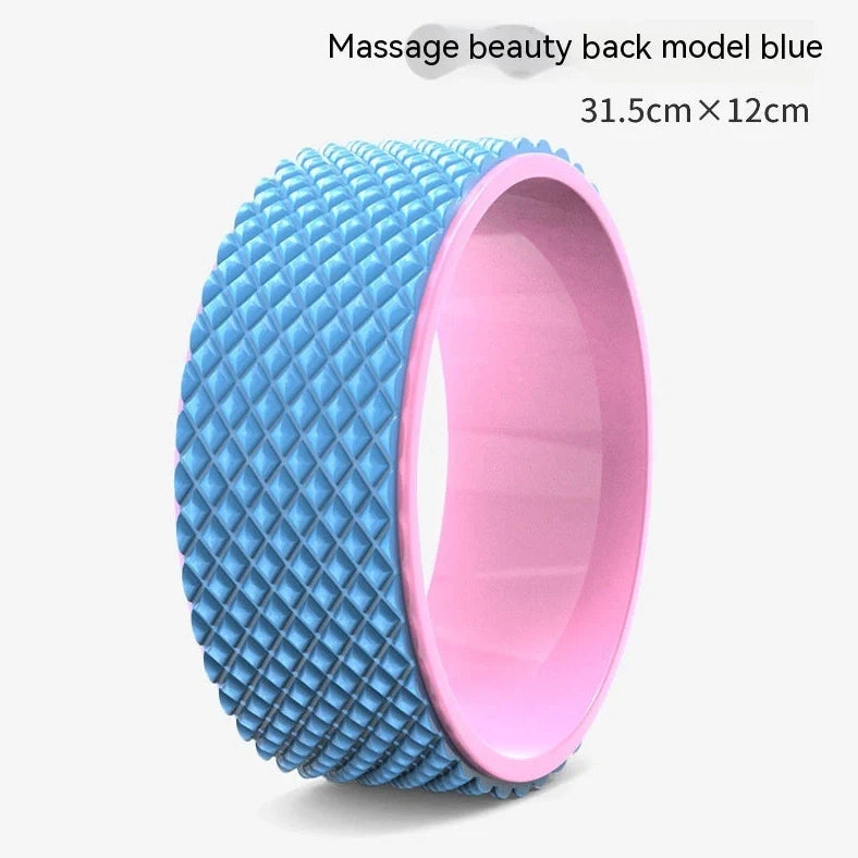 Yoga wheel with 31.5cm diameter in blue colour showing EVA outer ring and ABS inner construction