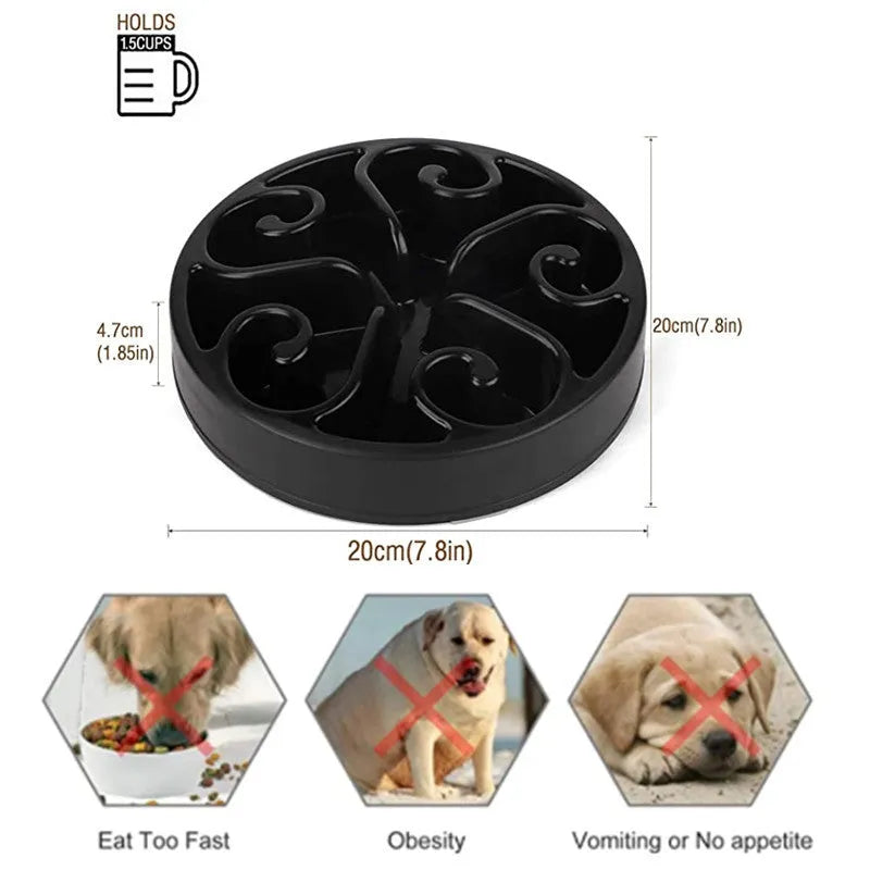 Slow feeder dog bowl with internal maze pattern ridges and a wide non-slip base, shown in blue.