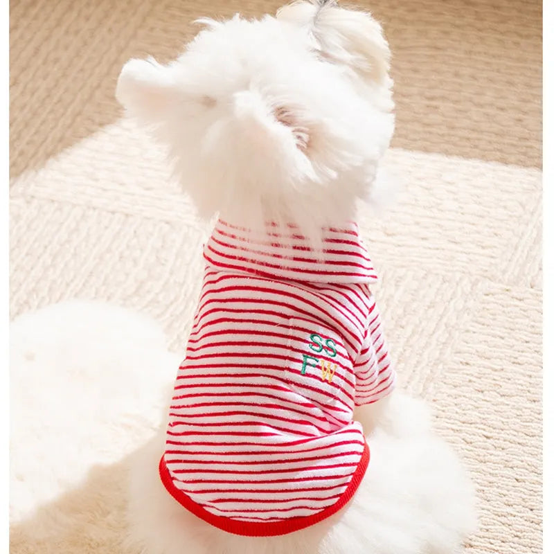 Red striped warm fleece pet clothing for small dogs and cats with two leg openings and embroidered pocket