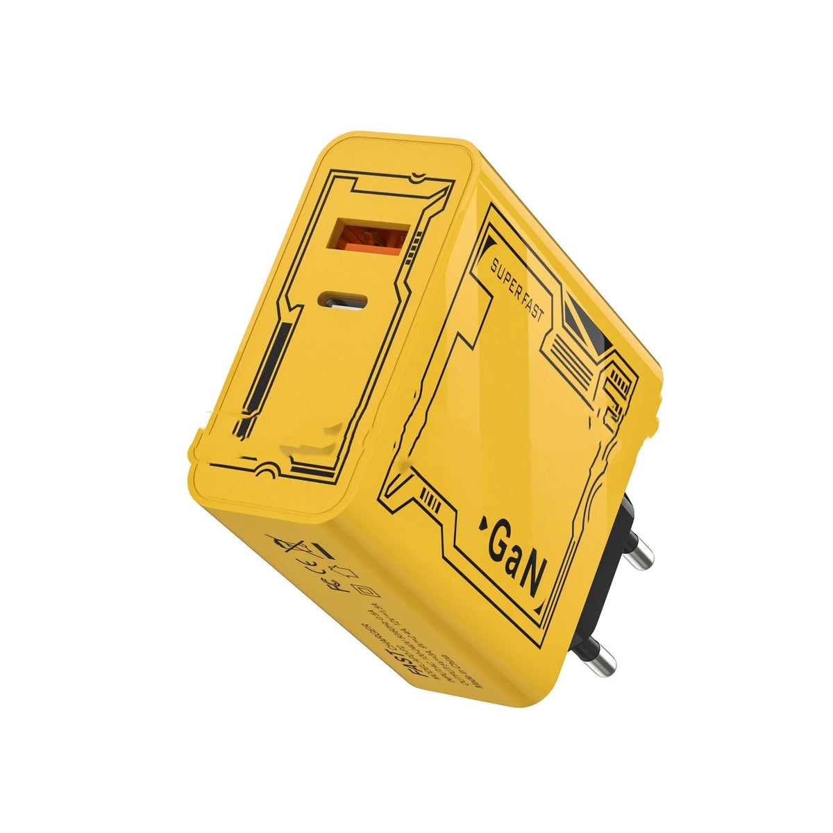 Yellow 25W fast charging plug Machine Crustacean with QC3.0 and PD25W support for American and European sockets