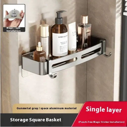 Gun gray triangle bathroom storage rack mounted in corner with punch-free installation