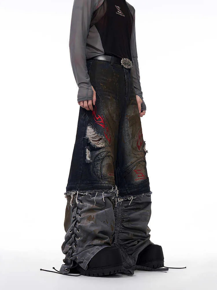 Men's retro jeans with detachable trouser legs showing wide leg styling