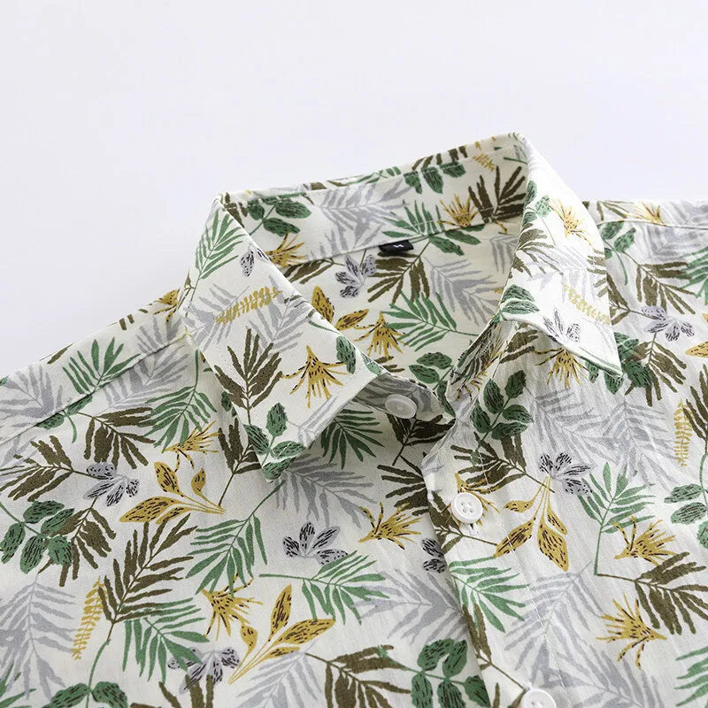 Men's short sleeve cotton shirt with colourful Hawaiian floral print, cardigan style.