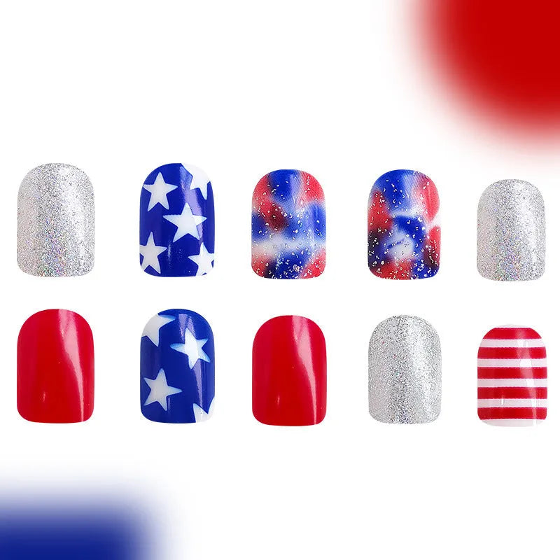 Independence Day themed nail art set with American five-pointed star design and XINGX pattern