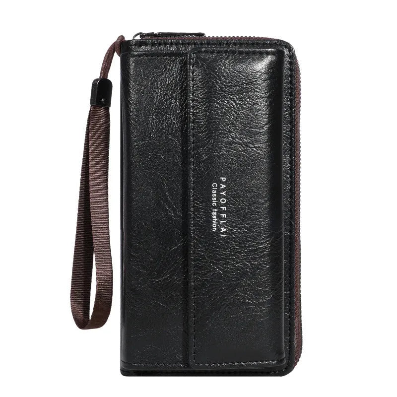 Men's black PU leather wallet with multiple card slots, shown next to a brown and coffee version, displaying slim 19cm profile.